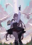  1girl :o absurdres asymmetrical_legwear backlighting bangs bird brown_corset brown_eyes brown_hair chilakkk cleavage_cutout clothing_cutout clouds cloudy_sky corset dagger dove feather_hair_ornament feathers friend_(nanashi_mumei) gloves hair_ornament hand_up highres hololive hololive_english knee_strap kneehighs knife light_rays long_hair multicolored_hair nanashi_mumei partially_fingerless_gloves ponytail reaching shirt single_kneehigh single_thighhigh sky streaked_hair thigh-highs thigh_strap tree very_long_hair weapon white_shirt 
