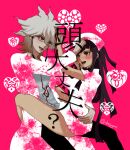  1boy 1girl ? bangs bespectacled black_hair brown_hair danganronpa_(series) danganronpa_2:_goodbye_despair dosugon from_side glasses grey_hair hand_up hat heart holding hug komaeda_nagito long_hair long_sleeves looking_at_another mole mole_under_eye multicolored_hair nurse nurse_cap pink_background print_shirt shirt short_sleeves sweat translation_request tsumiki_mikan two-tone_hair 