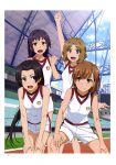  4girls :d absurdres arm_up awatsuki_maaya black_hair border brown_eyes brown_hair closed_mouth collarbone floating_hair flower gym_uniform hair_flower hair_ornament hands_on_own_knees highres kongou_mitsuko leaning_forward long_hair looking_at_viewer looking_to_the_side misaka_mikoto multiple_girls outdoors page_number purple_hair shiny shiny_hair shirt short_hair short_shorts shorts sleeveless sleeveless_shirt smile stadium tanaka_yuuichi thigh_gap toaru_kagaku_no_railgun toaru_majutsu_no_index very_long_hair violet_eyes wannai_kinuho white_border white_flower white_shirt white_shorts 