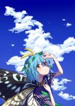  1girl aqua_hair bad_anatomy bad_arm bad_hands blush butterfly_wings day dress eternity_larva eyebrows_visible_through_hair fairy flower green_dress hair_between_eyes highres multicolored_clothes multicolored_dress orange_eyes parted_lips short_hair short_sleeves solo touhou upper_body uzumibi white_flower wings 