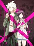  1boy 1girl bangs black_pants blue_skirt brick_wall brown_hair chain collarbone cowboy_shot danganronpa_(series) danganronpa_2:_goodbye_despair dosugon green_jacket grey_hair hands_up index_finger_raised jacket komaeda_nagito long_sleeves messy_hair mole mole_under_eye multicolored_hair nurse open_clothes open_jacket own_hands_together pants pink_eyes pink_shirt pleated_skirt print_shirt shirt short_sleeves skirt tsumiki_mikan two-tone_hair white_shirt 