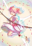  1girl absurdres arrow_(projectile) bow_(weapon) bubble_skirt choker crossbow drawing_bow edwin-kun gloves highres holding holding_bow_(weapon) holding_weapon kaname_madoka kneehighs looking_at_viewer magical_girl mahou_shoujo_madoka_magica open_mouth pink_eyes pink_hair short_hair short_twintails simple_background skirt smile solo twintails weapon white_gloves white_legwear 