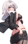  1girl ahoge ass bangs bikini black_bikini black_jacket black_shorts blush breasts fate/grand_order fate_(series) fishnet_legwear fishnets fur-trimmed_jacket fur_trim highres jacket jeanne_d&#039;arc_(alter_swimsuit_berserker)_(fate) jeanne_d&#039;arc_(fate) large_breasts long_sleeves looking_at_viewer looking_back open_clothes open_jacket short_hair shorts silver_hair solo suiroh_(shideoukami) swimsuit thighs yellow_eyes 