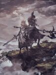  2girls armor armored_dress black_gloves blue_eyes branch clenched_hand clouds cloudy_sky english_commentary floating_hair gloves grey_hair halberd long_hair mountainous_horizon multiple_girls official_art polearm rock sky standing sword valkyrie_elysium valkyrie_profile wavy_hair weapon 