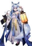  1girl :o absurdres animal_ears blue_eyes blue_hair breasts bullpup detached_sleeves dress fox fox_ears gun high_heels highres holding holding_lantern icelyn_winter indie_virtual_youtuber lantern long_hair looking_at_viewer medium_breasts o_o snowflakes solo tail tassel very_long_hair virtual_youtuber weapon 