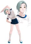  1girl absurdres blue_buruma buruma closed_mouth grey_hair gym_shirt gym_uniform hand_on_hip highres kantai_collection kneehighs mole mole_on_neck multiple_views ojipon open_mouth shirt short_hair short_sleeves simple_background standing stretch symbol-only_commentary tamanami_(kancolle) white_background white_legwear yellow_eyes 