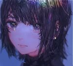  1girl bangs blue_background blurry blurry_background brown_eyes brown_hair closed_mouth commentary_request ear_piercing earrings face jewelry looking_at_viewer original piercing portrait short_hair solo stud_earrings tearing_up tears tsukiiro 