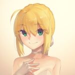  1girl ahoge artoria_pendragon_(fate) bangs bare_shoulders blonde_hair boa_(brianoa) braid breasts choker collarbone dress fate/stay_night fate_(series) french_braid gloves green_eyes hair_bun hair_ribbon highres long_hair looking_at_viewer medium_breasts ribbon saber sidelocks smile solo white_dress white_gloves 