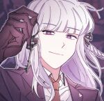  1girl bangs black_gloves black_jacket black_ribbon blurry blurry_background braid collared_shirt dangagja_(ekstksktk) danganronpa:_trigger_happy_havoc danganronpa_(series) eyebrows_visible_through_hair gloves hair_ribbon hand_up holding holding_key jacket key kirigiri_kyouko long_hair looking_at_viewer monokuma ribbon shirt side_braid smile solo violet_eyes white_shirt 