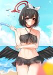  1girl absurdres beach bikini bird black_bikini black_choker black_hair black_wings blue_archive blurry blurry_background blush bow bow_hairband breasts choker closed_mouth clouds cowboy_shot eyebrows_visible_through_hair food frilled_bikini frills hair_between_eyes hairband halo hand_up highres holding looking_at_viewer low_wings mashiro_(blue_archive) midriff moving_gun outdoors popsicle short_hair sky small_breasts solo swimsuit violet_eyes water white_bow white_hairband wings 