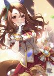  1girl absurdres alternate_costume blurry blurry_background blush breasts brown_eyes brown_hair chan_hone_pkpk commentary_request confetti gloves hair_ribbon highres horse_girl horse_tail king_halo_(umamusume) looking_at_viewer medium_breasts medium_hair ribbon solo tail tears umamusume 