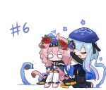  1boy 1girl :d animal_ears arknights black_gloves black_hairband black_pants black_shirt blue_cape blue_flower blue_hair blue_headwear blue_neckerchief blush cape cat_ears cat_girl cat_tail chibi closed_eyes coat commentary creator_connection crying elbow_gloves english_commentary fish flower full_body gloves goldenglow_(arknights) gradient_hair hairband hands_on_own_knees head_wreath kneeling kurotofu lightning_bolt_print long_sleeves mizuki_(arknights) multicolored_hair neckerchief o_o open_clothes open_coat open_mouth pants pink_coat purple_hair red_flower shirt simple_background sitting smile tail tentacles thigh-highs white_background white_legwear 