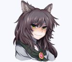  1girl animal_ears bangs black_neckerchief blush brown_hair closed_mouth dress face highres imaizumi_kagerou long_hair looking_at_viewer neckerchief simple_background smile touhou white_background white_dress wolf_ears wolf_girl yellow_eyes yonoisan 