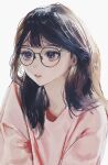  1girl absurdres brown_hair commentary glasses highres long_hair original parted_lips pink_sweater solo sweater tsukiiro upper_body violet_eyes 
