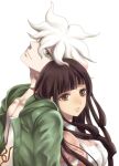  1boy 1girl apron back-to-back bangs brown_eyes brown_hair closed_mouth danganronpa_(series) danganronpa_2:_goodbye_despair dosugon eyebrows_visible_through_hair from_side green_jacket grey_hair hood hood_down jacket komaeda_nagito long_hair mole mole_under_eye open_clothes open_jacket pink_shirt puffy_short_sleeves puffy_sleeves shiny shiny_clothes shiny_hair shirt short_sleeves simple_background tsumiki_mikan white_background white_shirt 