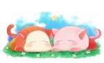  animal_ears blush bug butterfly cat_ears cat_tail closed_eyes dot_mouth grass gurumi_mami kirby kirby_(series) lying no_humans sky tail waddle_dee white_background 