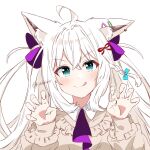  1girl ahoge animal_ear_fluff animal_ears bangs blush braid claw_pose commentary_request earrings eyebrows_visible_through_hair fox_ears fox_girl green_eyes hair_between_eyes hair_ornament hairclip hibarino_tuyuri highres hololive jewelry long_hair looking_at_viewer shirakami_fubuki sidelocks simple_background single_braid smile solo tongue tongue_out twintails twitter_username virtual_youtuber white_background white_hair 