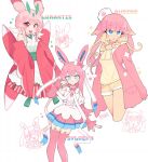  3girls audino bangs blonde_hair blue_eyes blunt_bangs blush bright_pupils character_name ciosuii closed_mouth eyebrows_visible_through_hair heart heart-shaped_pupils highres long_hair looking_at_viewer looking_down lurantis multicolored_hair multiple_girls open_mouth parted_lips personification pink_eyes pink_hair pink_legwear pokemon short_hair shorts smile sylveon symbol-shaped_pupils teeth thigh-highs upper_teeth white_pupils 