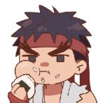  ... 1boy animated animated_gif bite_mark black_hair cheek_bulge chibi eating food food_on_face forked_eyebrows holding holding_food lowres male_focus onigiri short_hair solo street_fighter thick_eyebrows upper_body yuiofire 