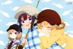  3girls :d absurdres animal_print arm_hug bangs baseball_cap black_hair black_headwear black_shirt blue_eyes blue_shirt braid brown_hair brown_headwear closed_eyes closed_mouth collared_shirt eyebrows_visible_through_hair fish_print fishing_rod fujii_yui grey_headwear hair_between_eyes hat highres holding holding_fishing_rod hood hoodie long_hair long_sleeves looking_at_viewer minagi_hiyori minagi_koharu multiple_girls official_art open_mouth plaid plaid_shirt purple_hoodie scan shirt short_hair sidelocks slow_loop smile upper_body violet_eyes yellow_hoodie yuri 