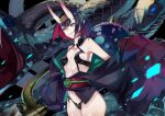  absurdres bangs bob_cut breasts fate/grand_order fate_(series) gourd headpiece highres horns japanese_clothes kimono multiple_heads oni oni_horns open_clothes open_kimono open_mouth pointy_ears purple_hair purple_kimono revealing_clothes san_(harutuki_3) short_eyebrows short_hair shuten_douji_(fate) skin-covered_horns small_breasts smile snake sword thighs violet_eyes weapon yamata_no_orochi 