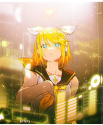  1girl bangs blonde_hair blue_eyes bow hair_bow hair_ornament hairclip hand_up haun headphones kagamine_rin light looking_up neckerchief parted_lips sailor_collar short_hair sleeveless solo swept_bangs tears vocaloid wind 