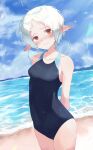  1girl arms_behind_back beach blue_swimsuit commentary_request competition_school_swimsuit elf looking_at_viewer mushoku_tensei nakami_cheese ocean pointy_ears red_eyes school_swimsuit short_hair smile solo standing swimsuit sylphiette_(mushoku_tensei) white_hair 