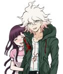  1boy 1girl apron arm_hug bangs black_pants blush breasts brown_hair danganronpa_(series) danganronpa_2:_goodbye_despair dosugon green_jacket hood hood_down jacket komaeda_nagito large_breasts messy_hair multicolored_hair open_clothes open_jacket pants pink_shirt print_shirt shirt short_sleeves simple_background smile tsumiki_mikan two-tone_hair white_background white_hair 