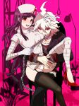  1boy 1girl :d bandaged_arm bandaged_leg bandages bangs brown_legwear chain chained chair collar danganronpa_(series) danganronpa_3_(anime) dosugon eyebrows_visible_through_hair hair_between_eyes hat high_heels komaeda_nagito messy_hair metal_collar mole mole_under_eye nurse nurse_cap panties pink_background red_eyes red_footwear servant_(danganronpa) short_sleeves sitting skindentation smile thigh-highs tongue tongue_out tsumiki_mikan underwear white_panties 