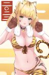  1girl 2022 animal_ears animal_print bell bikini blonde_hair breasts brown_gloves chinese_zodiac choker cowboy_shot gloves green_eyes highres jingle_bell large_breasts looking_at_viewer medium_hair navel new_year original solo swimsuit tail thigh-highs tiger_ears tiger_print tiger_tail touyou_(39kir) year_of_the_tiger yellow_bikini yellow_legwear 