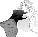  1girl :o armpits bangs bare_shoulders breasts collared_shirt cowboy_shot double_bun eyebrows_visible_through_hair greyscale highres kawaii_dake_ja_nai_shikimori-san long_hair maki_keigo monochrome open_clothes open_shirt shikimori_(kawaii_dake_ja_nai) shirt simple_background skirt sleeveless solo tank_top thighs tied_hair white_background 