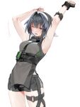  1girl ahoge arknights armpits arms_up bangs bare_arms belt black_belt black_gloves black_hair breasts clenched_hands commentary_request cowboy_shot fingerless_gloves gloves grey_eyes grey_shirt grey_shorts hair_intakes hairband highres koteidare_deza_boshuu la_pluma_(arknights) looking_at_viewer medium_breasts one_eye_closed open_mouth shirt short_hair short_shorts shorts simple_background single_glove sleeveless sleeveless_shirt solo standing tears thighs white_background white_hairband 