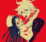  1boy 1girl after_kiss arms_around_neck bandaged_arm bandages bangs blush breasts chain collar danganronpa_(series) danganronpa_2:_goodbye_despair danganronpa_another_episode:_ultra_despair_girls dosugon from_side hat hetero jacket komaeda_nagito large_breasts long_hair long_sleeves looking_at_viewer messy_hair metal_collar nurse nurse_cap red_background red_eyes saliva short_sleeves tongue tongue_out tsumiki_mikan upper_body 