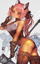  1girl bangs bare_shoulders brown_gloves brown_legwear brown_panties brown_ribbon cowboy_shot dark-skinned_female dark_skin fingerless_gloves from_side gloves hair_ribbon hammer highres holding holding_hammer long_hair looking_at_viewer looking_to_the_side original panties pink_hair red_eyes ribbon shirt solo thigh-highs twintails underwear voruvoru white_shirt 