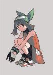  1girl bandana bangs bare_arms bike_shorts brown_hair closed_mouth commentary_request dress eyelashes full_body gloves green_bandana grey_background highres ittumozzz looking_at_viewer may_(pokemon) medium_hair orange_dress pokemon pokemon_(game) pokemon_emerald pokemon_rse shoes simple_background sleeveless sleeveless_dress socks solo squatting 