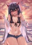  1girl akuma_nihmune arenoyoni bangs beach bikini black_bikini blue_shorts blush breasts breasts_apart clouds cloudy_sky commission demon_girl demon_horns denim denim_shorts ear_piercing embarrassed foaming_waves front-tie_bikini front-tie_top hair_between_eyes hands_up horizon horns indie_virtual_youtuber looking_at_viewer medium_breasts navel ocean off_shoulder open_clothes open_fly open_mouth open_shorts outdoors piercing purple_hair red_eyes seiza shirt short_shorts shorts sitting skeb_commission sky solo stomach sunset swimsuit virtual_youtuber water wet white_shirt 