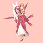  1girl bangs bare_shoulders brown_hair closed_eyes closed_mouth dress eyelashes flower gloves hair_flower hair_ornament hands_up high_heels latias leg_up may_(pokemon) medium_hair miyaulait official_alternate_costume pink_background pokemon pokemon_(game) pokemon_masters_ex red_dress red_flower signature simple_background smile sparkle standing watermark 