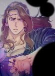  1boy black_nails brown_hair earrings headband heart jewelry jojo_no_kimyou_na_bouken leotard long_hair male_focus solo stardust_crusaders tanakaoften vanilla_ice violet_eyes 