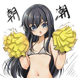  1girl asashio_(kancolle) bikini black_hair blue_eyes cheerleader chestnut_mouth collarbone grey_bikini highres holding holding_pom_poms kantai_collection long_hair looking_at_viewer navel pom_pom_(cheerleading) simple_background solo swimsuit upper_body white_background yashin_(yasinz) 