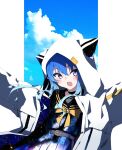  1girl absurdres animal_hood bangs belt blue_eyes blue_hair blush bow choker clouds cowboy_shot fang gradient_hair hair_between_eyes highres hololive hood hood_up hooded_jacket hoshimachi_suisei jacket light_blue_hair long_hair looking_to_the_side mokoso multicolored_hair open_mouth outstretched_arms pleated_skirt sailor_collar school_uniform sidelocks skin_fang skirt sky solo star_(sky) starry_sky virtual_youtuber white_jacket 