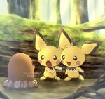  :d animal_focus brown_eyes commentary_request day diglett fallen_tree fuyu_(utngrtn) highres log moss no_humans open_mouth outdoors pichu pokemon pokemon_(creature) smile standing tongue tree watermark 