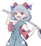  1girl :d armpit_peek bare_shoulders blue_dress blush_stickers clothing_cutout curly_hair dress eyebrows_behind_hair grey_hair highres holding holding_spoon horns kame_(kamepan44231) looking_at_viewer open_mouth pointy_ears sharp_teeth shoulder_cutout simple_background smile solo spoon teeth touhou toutetsu_yuuma white_background 