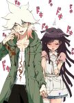  1boy 1girl apron bandages bangs black_hair blush brown_pants closed_eyes collarbone danganronpa_(series) danganronpa_2:_goodbye_despair dosugon green_jacket green_skirt grey_background hair_between_eyes hand_up hetero holding_hands hood hood_down hooded_jacket jacket komaeda_nagito long_hair medium_hair miniskirt pants pink_shirt pleated_skirt print_shirt shirt simple_background skirt smile translation_request trembling tsumiki_mikan white_shirt 