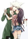  1boy 1girl apron ass bangs blue_skirt box brown_pants candy chocolate danganronpa_(series) danganronpa_2:_goodbye_despair dosugon food from_behind green_jacket grey_background heart heart-shaped_chocolate hetero holding holding_box hood hood_down hug jacket komaeda_nagito long_hair looking_at_viewer miniskirt open_clothes open_jacket open_mouth panties pants pink_eyes pink_shirt pleated_skirt print_shirt puffy_short_sleeves puffy_sleeves shared_food shiny shiny_hair shirt short_sleeves simple_background skirt tongue tongue_out tsumiki_mikan underwear white_panties 