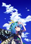  1girl absurdres aqua_hair bad_anatomy bad_arm bad_hands blush butterfly_wings day dress eternity_larva eyebrows_visible_through_hair fairy flower green_dress hair_between_eyes highres multicolored_clothes multicolored_dress orange_eyes parted_lips short_hair short_sleeves solo touhou upper_body uzumibi white_flower wings 