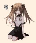  1girl bangs blush bow brown_eyes brown_hair fuco full_body girls_frontline hair_between_eyes hair_bow hair_ornament long_hair looking_at_viewer official_alternate_costume open_mouth scar scar_across_eye scar_on_face shirt simple_background sitting sleeveless smile solo suspenders twintails ump9_(girls&#039;_frontline) ump9_(shiba_investigator)_(girls&#039;_frontline) v white_shirt younger 