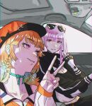  2girls black_nails car car_interior choker ear_piercing earrings eyewear_on_head feather_earrings feathers fingerless_gloves gloves ground_vehicle hat highres hololive hololive_english jewelry kenshuusei_(kensuuu0225) middle_finger mori_calliope motor_vehicle multiple_girls piercing pink_hair pink_nails ribbon_choker ring smile sunglasses takanashi_kiara v watch watch 