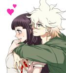  1boy 1girl apron bandages bangs black_hair breasts danganronpa_(series) danganronpa_2:_goodbye_despair dosugon eyebrows_visible_through_hair from_side green_jacket heart hood hood_down hooded_jacket jacket komaeda_nagito large_breasts long_sleeves messy_hair mole mole_under_eye multicolored_hair open_mouth pink_shirt shirt simple_background smile tearing_up teeth tsumiki_mikan two-tone_hair upper_teeth white_background 