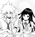  1boy 1girl alternate_costume bandaged_arm bandages bandaid bandaid_on_arm bangs book breast_pocket breasts collared_shirt danganronpa_(series) danganronpa_2:_goodbye_despair dosugon eyebrows_visible_through_hair gradient gradient_background grin hair_between_eyes holding holding_pen komaeda_nagito large_breasts mole mole_under_eye neck_ribbon necktie open_book pen pocket ribbon shirt smile teeth tsumiki_mikan 