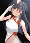  1girl ;d bangs black_hair blush breasts brown_eyes gloves idolmaster idolmaster_shiny_colors long_hair looking_at_viewer mayuzumi_fuyuko medium_breasts navel one_eye_closed open_mouth panna444 simple_background sleeveless smile solo two_side_up white_gloves 